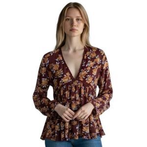UMGEE BROWN & BLUE FLORAL BOHO-INSPIRED BLOUSE SZ.M EUC.